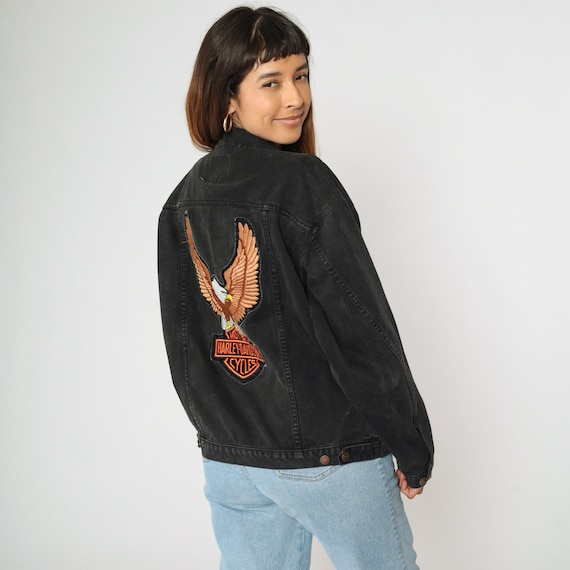 Vintage Black Jean Jacket 90s Biker Patches Denim Button Up Trucker Jacket Arizona Jeans Company Eagle Small S