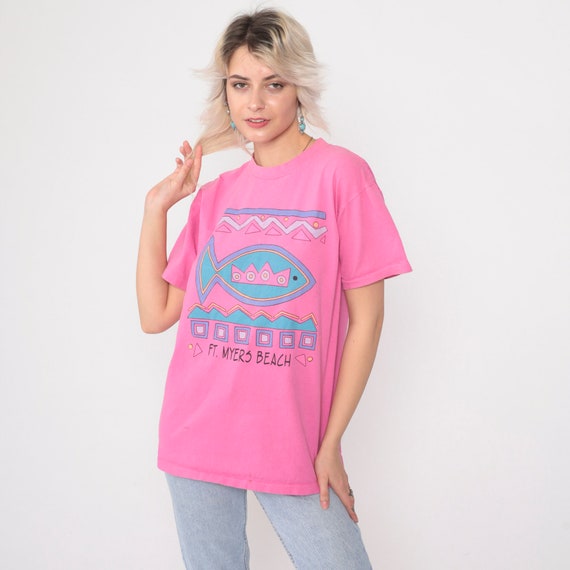 90s Fort Myers Beach T-Shirt Hot Pink Tropical Fi… - image 4