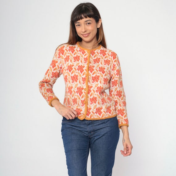60s Floral Cardigan Sweater Orange Acrylic Cardigan Knit Boho 70s Geometric Knitwear Button Up Bohemian Grandma Vintage Medium