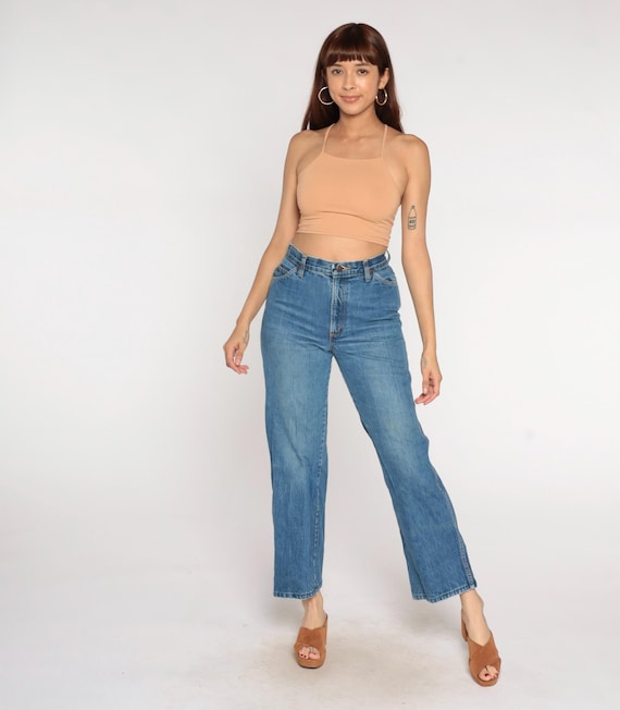 80s High Waisted Jeans Straight Leg Cropped Ankle Medium Wash Blue Denim Vintage High Rise Mom Jeans Orange Contrast Stitching Medium M