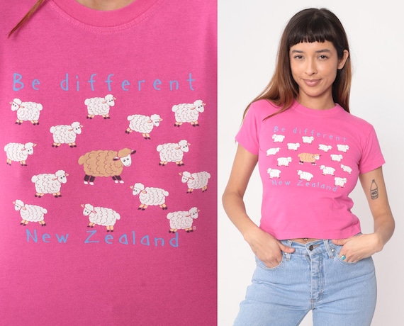New Zealand Sheep Baby Tee Cropped Y2K Pink Cotton Graphic Crew Neck "Be Different" Text Print Cute Kawaii Coquette Extra Extra Small XXS