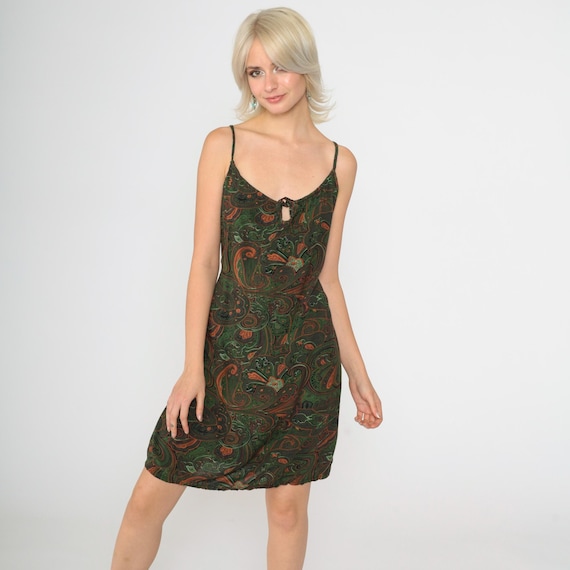 90s Paisley Print Sun Dress Boho Mini Dress Bohemian Sundress Spaghetti Strap Keyhole Grunge Green Orange 1990s Hippie Vintage Shift Medium