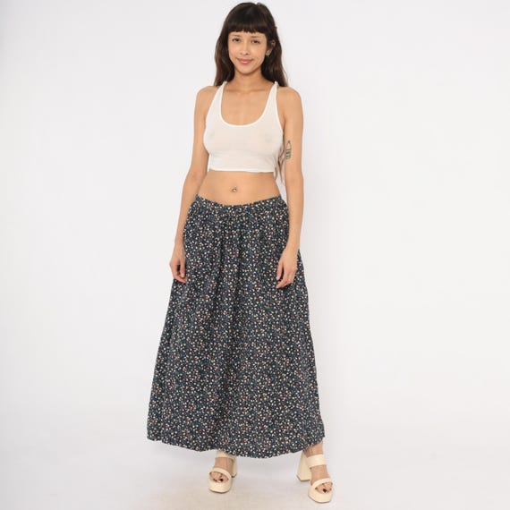80s Ditsy Floral Maxi Skirt Navy Pink Cotton Gathered Waist Prairie Cottagecore Dark Calico Print Cream Rose Garden Vintage Extra Large XL