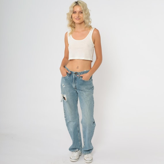 Vintage Ripped Wrangler Jeans 90s Distressed High Waisted Jeans Straight Leg Knee Rip 1990s Denim Pants Blue Western 30 x 32 Medium