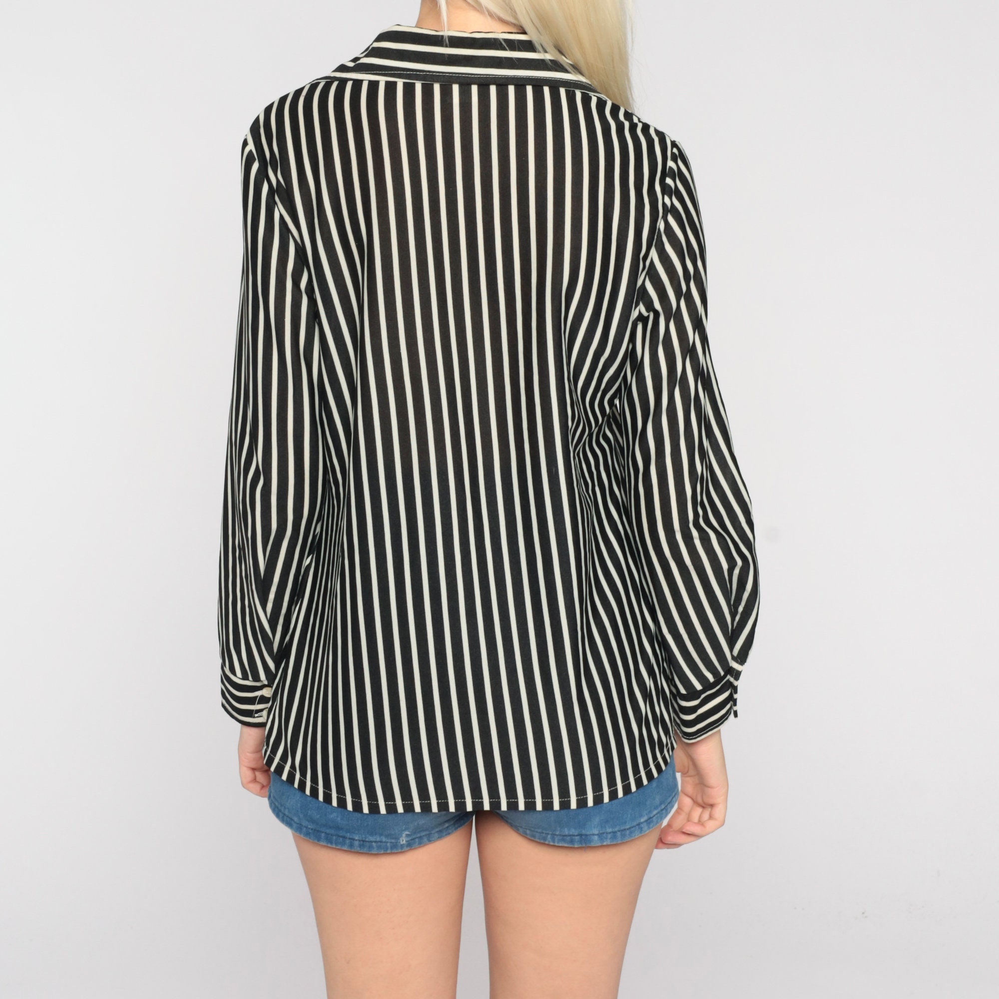 70s Striped Shirt Black White Button Up Top Retro Disco Shirt Pointed