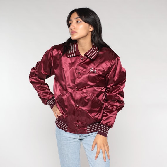Burgundy Bomber Jacket 80s National Roofing Shiny Uniform Jacket Flint Michigan Embroidered Pat Snap Up Coat Vintage 1980s Nylon Small S