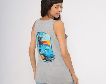90s Speedo Tank Top Gray Heather Tropical Ocean Back Cotton Sleeveless Swim Beach Summer Graphic Tee Surf Style Grey Unisex Vintage Medium M