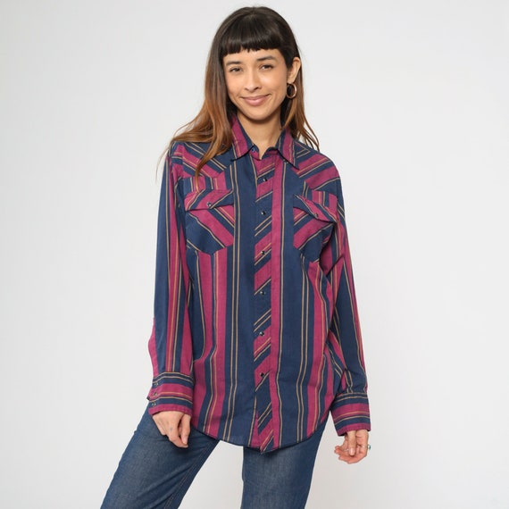 80s Rustler Western Shirt X-Long Tails Blue Striped Pearl Snap Vintage Rodeo Long Sleeve Button Up Fuchsia Cowboy 1980s Men's 16 1/2 32/33