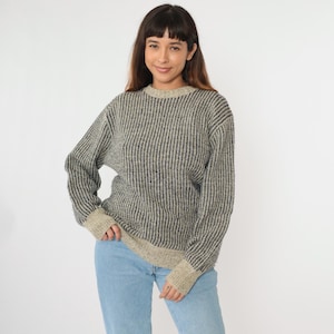 Vintage 80s Wool Blend Sweater Striped Knit Beige Navy Blue Ribbed Pullover Crew Neck Wide Sleeves 1980s Large L