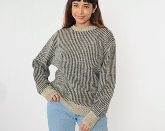 Suéter vintage de mezcla de lana de los años 80, de punto a rayas, color beige, azul marino, acanalado, cuello redondo, mangas anchas, década de 1980, talla grande L