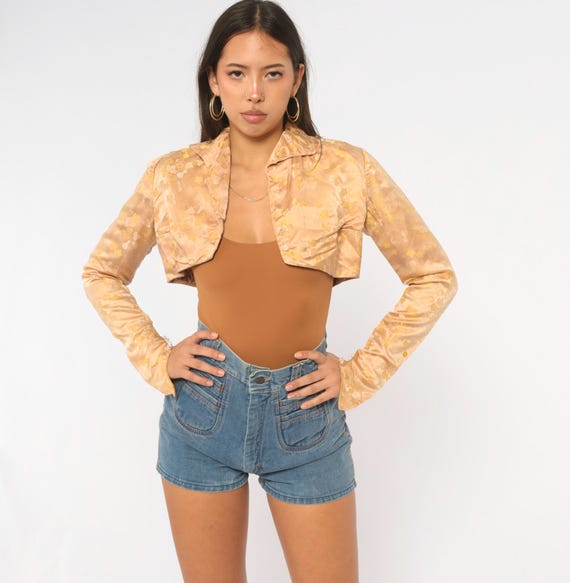 60s Bolero Jacket Tan Gold Floral Jacquard Cropped Blazer Long Sleeve Brocade Shrug Formal Evening Party Womens Vintage Extra Small XS