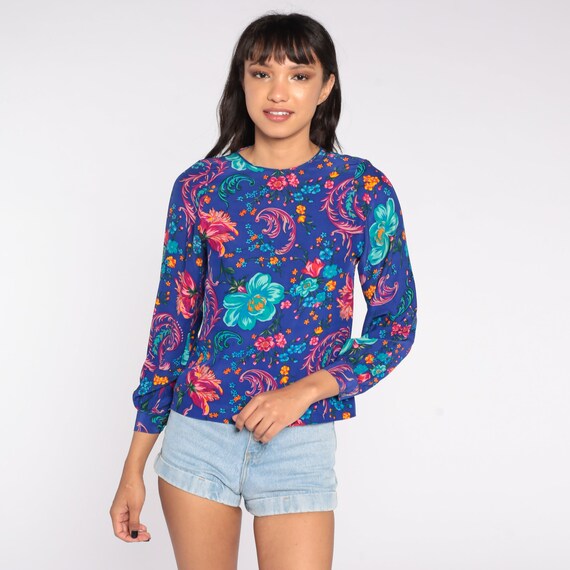 Silk Floral Shirt Button Up Shirt 80s Puff Sleeve Blouse Blue Top Vintage Long Sleeve Psychedelic Button Back Shirt Retro Small xs s 2 4