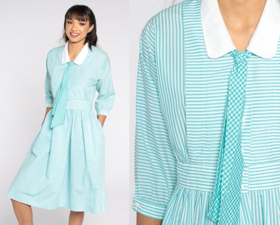 Blue Striped Dress Ascot Necktie Dress Peter Pan Collar Dress Midi  80s Secretary Dress High Waisted 1980s Vintage Pastel 3/4 Sleeve Small