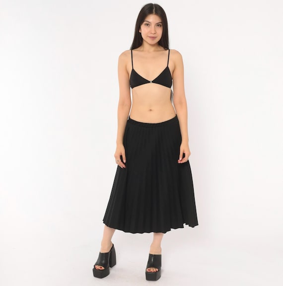 70s Black Pleated Skirt Elastic Waist A Line Midi Flowy Swing Circle Accordion Pleat Sarah K Vintage Dark Academia Style Medium Large M L
