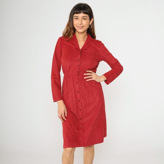 70s Red Velour Dress Vintage Midi Button Up Boho Dress Retro High Waisted Long Sleeve Shirtdress Bohemian Plain Retro Small 4 Petite