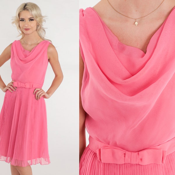 Pink Party Dress 70s Chiffon Mini Dress Sleeveless Cowl Neck High Waisted Bow Belt Pleated Evening Cocktail Prom Formal Vintage 1970s XS