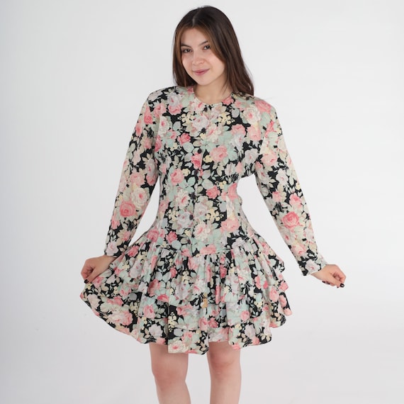 80s Floral Dress Drop Waist Dress Tiered Ruffled Mini Dress 90s Long sleeve Rose Print Flower Dress Button Up Vintage Fit and Flare Small