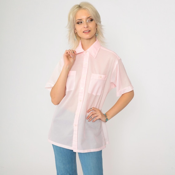 70s Baby Pink Shirt Semi-Sheer Striped Button Up Shirt Retro Preppy Collared Top Basic Simple Pastel Short Sleeve Vintage 1970s Men's Medium