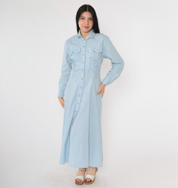 Vintage 80s Western Dress Beaded Light Blue Long Sleeve Embellished Midi Button Up Rodeo Southwestern Cowgirl Lace Up Pocket 1980s Small S