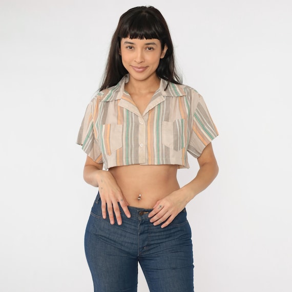 Vintage Striped Crop Top 70s Tan Earth Tone Blouse Button up Cropped Shirt Short Sleeve Green Boho Vertical Stripes Retro 1970s Small Medium
