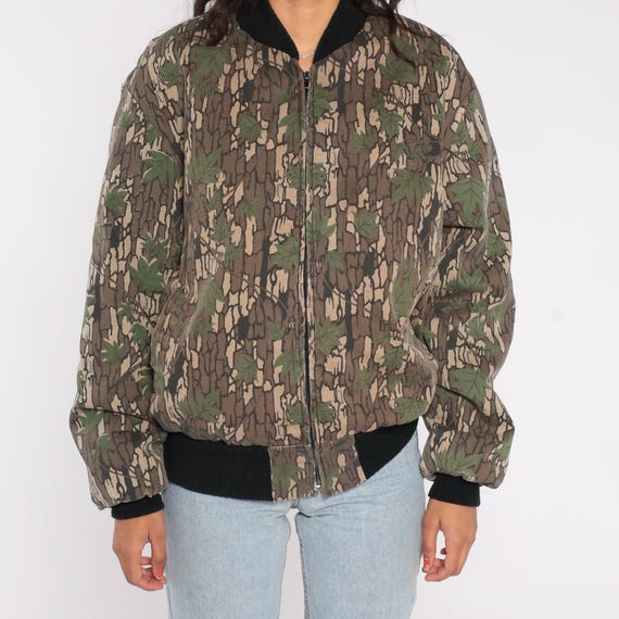 90s Camo Bomber Jacket Bark Tree Leaf Print Hunti… - image 5