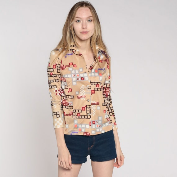 Hippie Shirt 70s Psychedelic Print Blouse Beige Boho Disco Top 1970s Vintage Bohemian Button Up Long Sleeve Geometric Extra Small xs