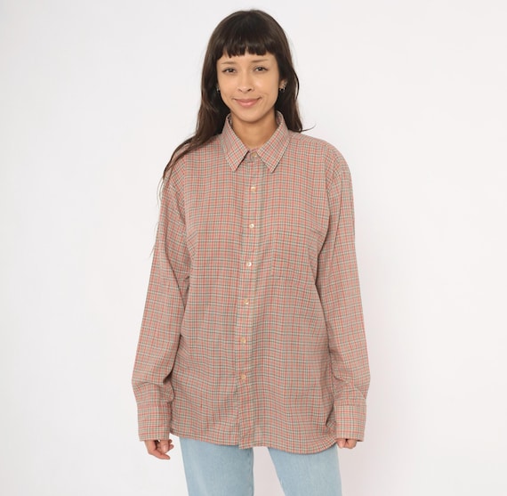 90s Plaid Button Front Shirt Red Green Tan Check Cotton Chest Pocket Relaxed Fit Flannel Style Grunge Grandpa Academia Vintage Top Medium M