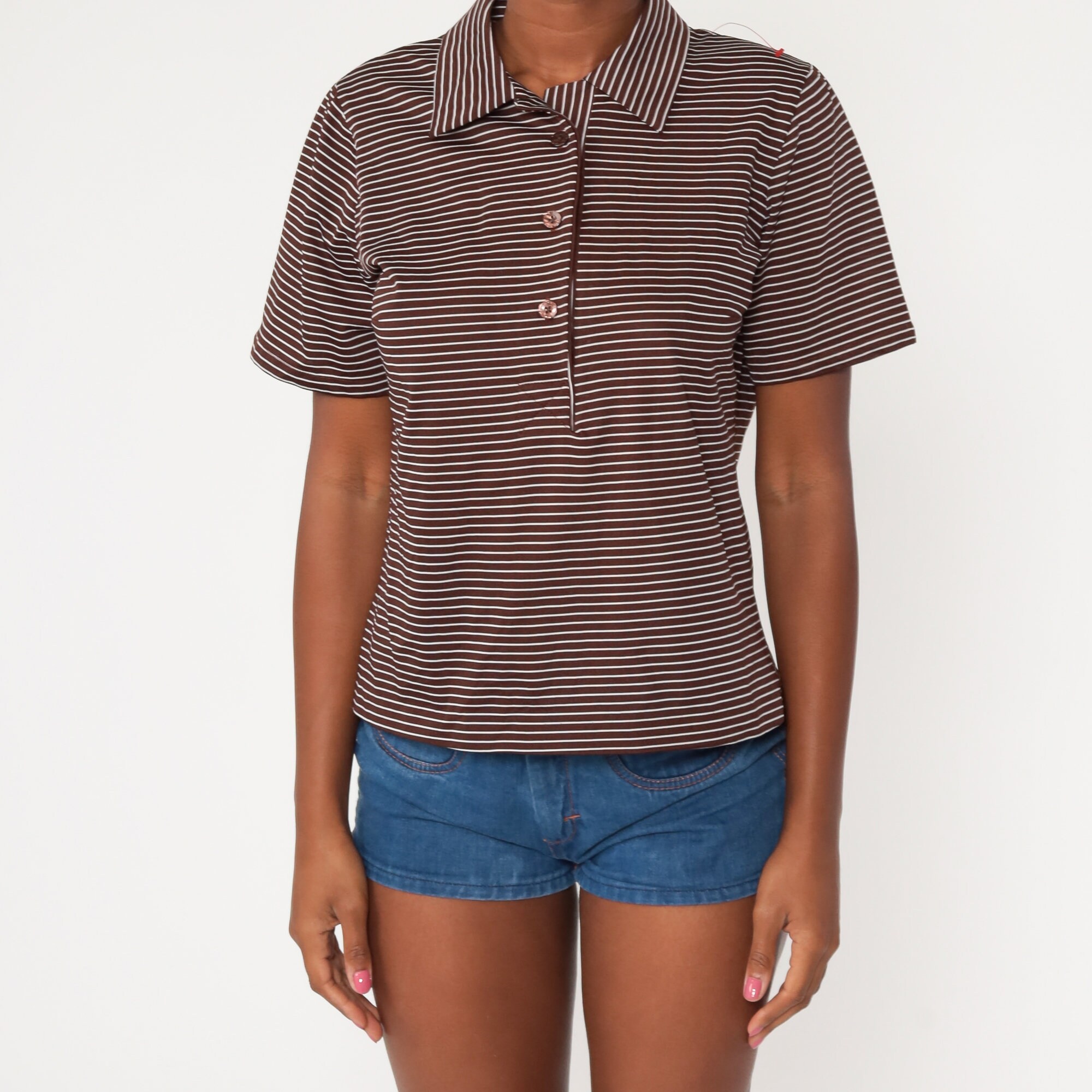 Striped Polo Shirt 70s Brown Shirt Half Button Up Shirt Tan Polo Shirt ...