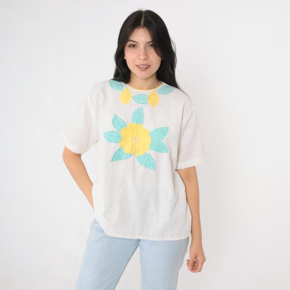 Vintage Floral Embroidered Blouse 80s Semi-Sheer White Boho Top Yellow Flower Shirt Button Back Short Sleeve 1980s Summer Blouse Medium