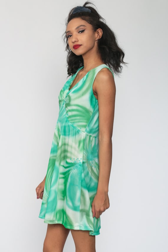 Green Floral Babydoll Dress 70s Mini Sleeveless 1… - image 5