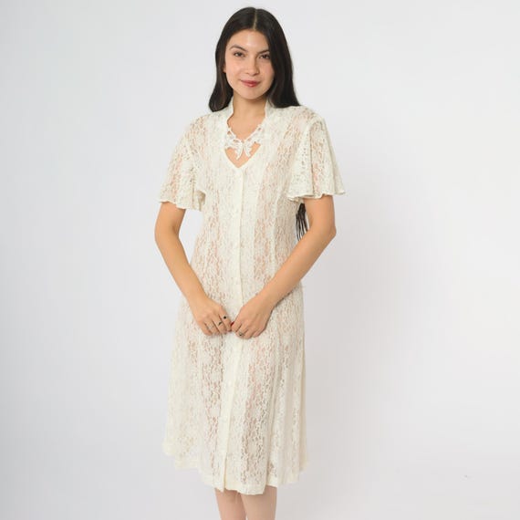 90s Lace Dress Dawn Joy Fashions White Cream Nylon Rayon Vintage Grunge Alternative Whimsigoth Gothic Romantic Dreamy Ethereal Goth Medium M