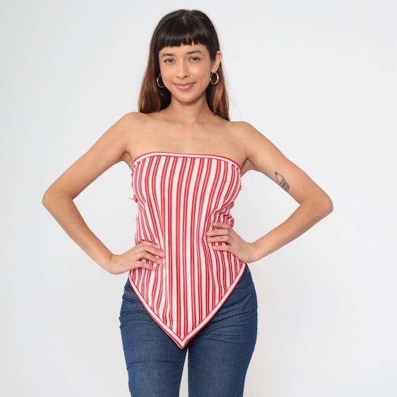 Bandana Top 70s Red White Striped Halter Top Tie Back Disco Triangle Top 70s Summer Top Beach Top Platform Era Stretchy Bandana One Size