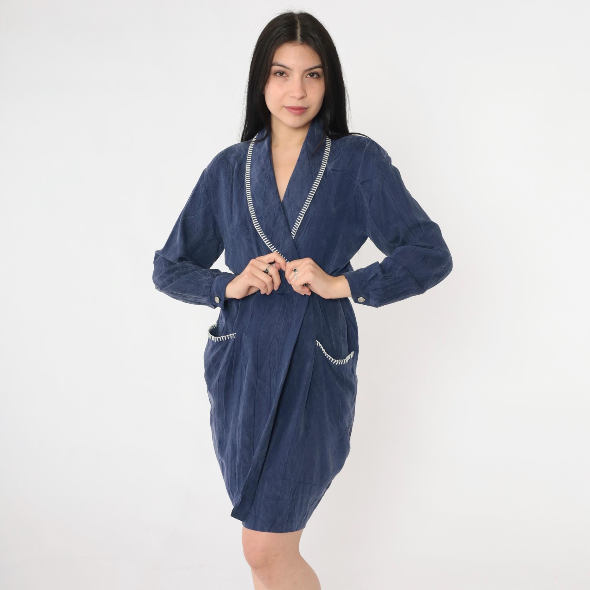 Vintage Navy Blue Faux Wrap Dress 90s Mini Rayon Crinkle