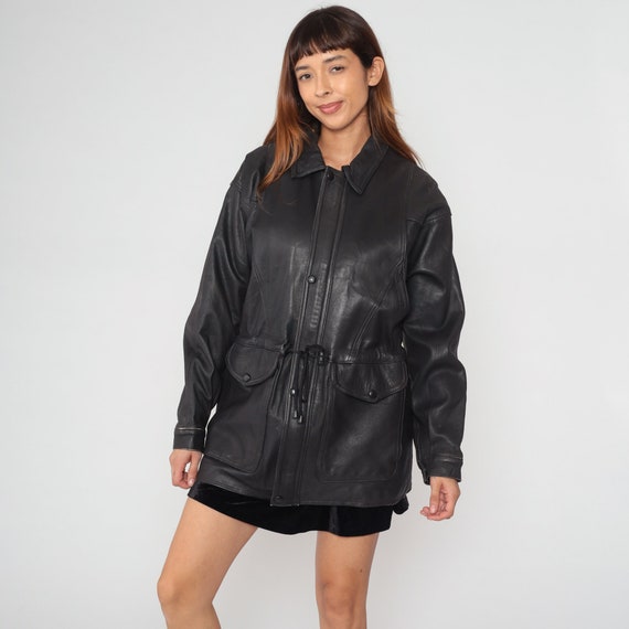 Black Leather Coat 90s Cargo Pockets Zip Snap Up Jacket Retro Drawstring Belted Trenchcoat Longline Outerwear Vintage 1990s Utility Medium M