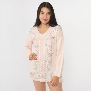 90s Embroidered Sweater Pink Floral Knit Top Vintage Cottagecore Coquette Fairycore Romantic Grandmacore Dreamy Soft Pastel Sweet Medium M