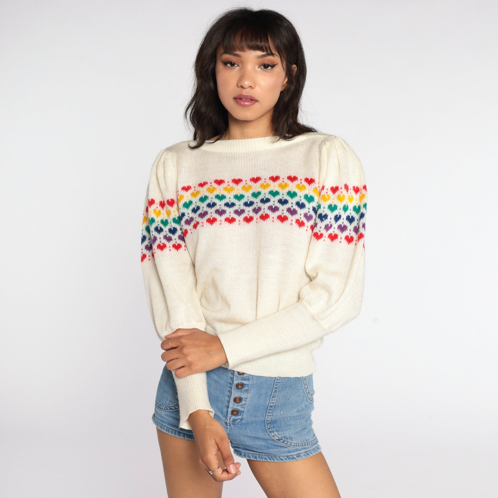 Rainbow Heart Sweater 80s PUFF SLEEVE Sweater Cream Pullover Jumper ...