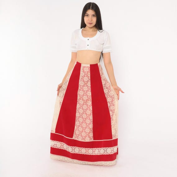 70s Red Velvet Maxi Skirt Cream Lace Panel Prairie Americana Western Cottagecore Southern Gothic Cowgirl Holiday Christmas Vintage  Large L
