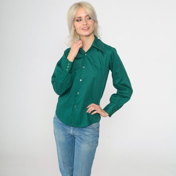 Vintage 70s Forrest Green Blouse 70s Button Up Shirt Dagger Collar Long Sleeve Retro Basic Plain Preppy Seventies Top 1970s Sears Small