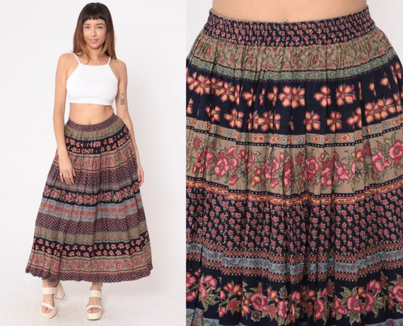 Floral Midi Skirt 90s Striped Patchwork Skirt Sus… - image 1