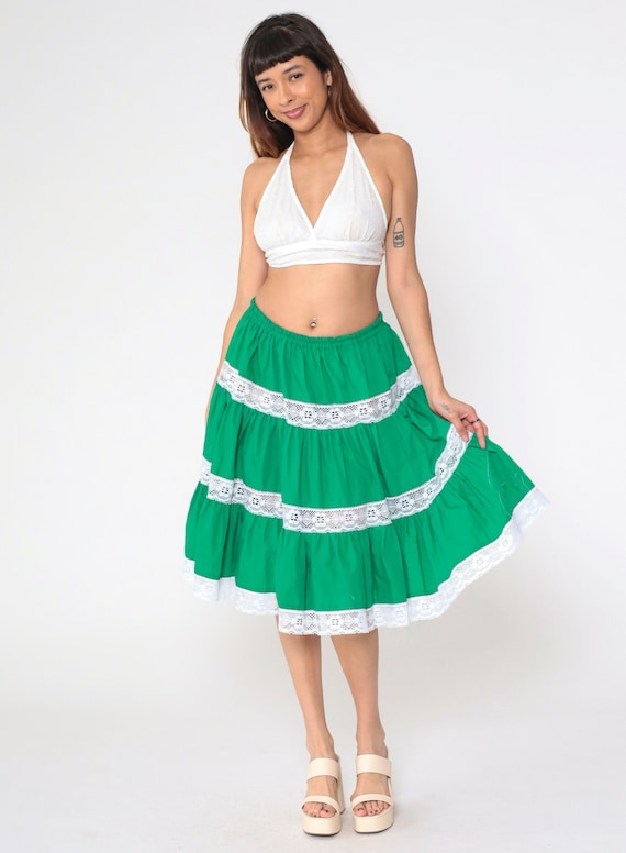 70s Peasant Skirt Green Tiered Lace Midi Skirt Square Dance High Waisted Boho Hippie Full Skirt Prairie Vintage 1970s Small Medium Large