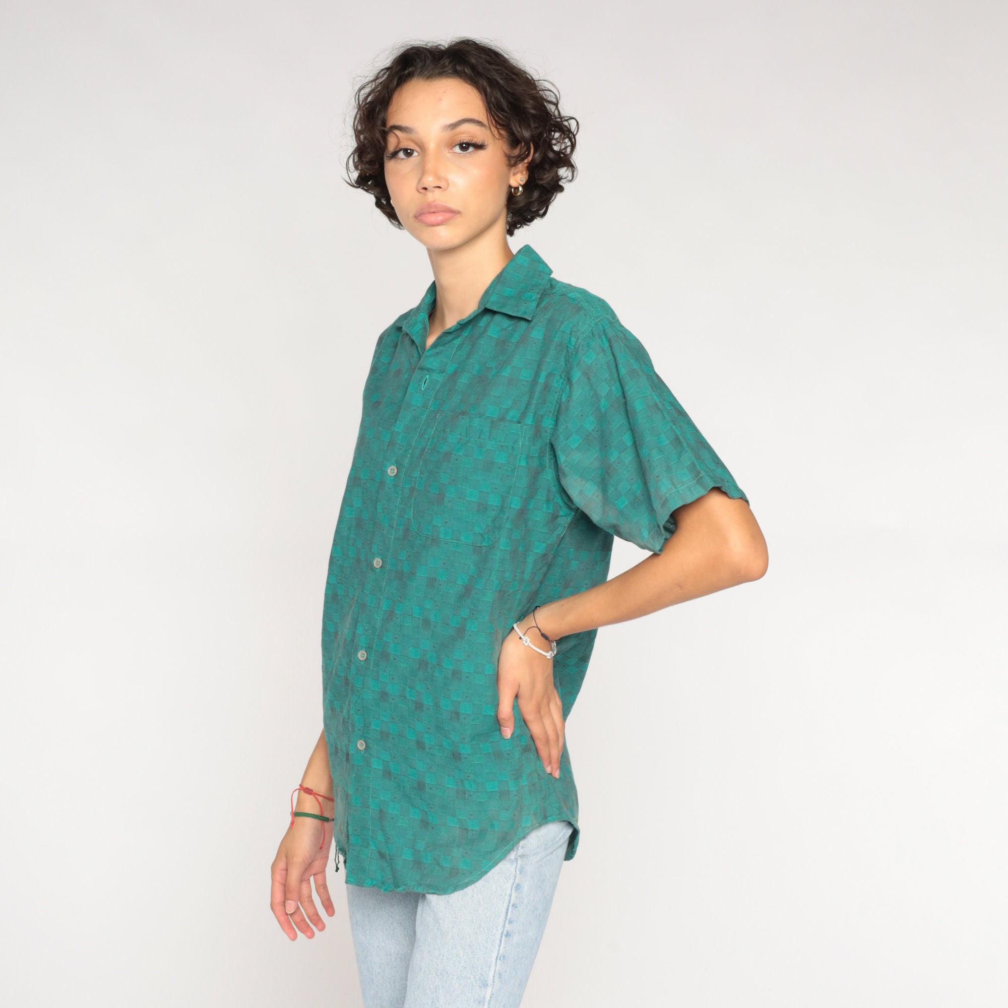 Green Checkered Shirt 90s Button Up Shirt Retro Grunge Preppy Collared ...