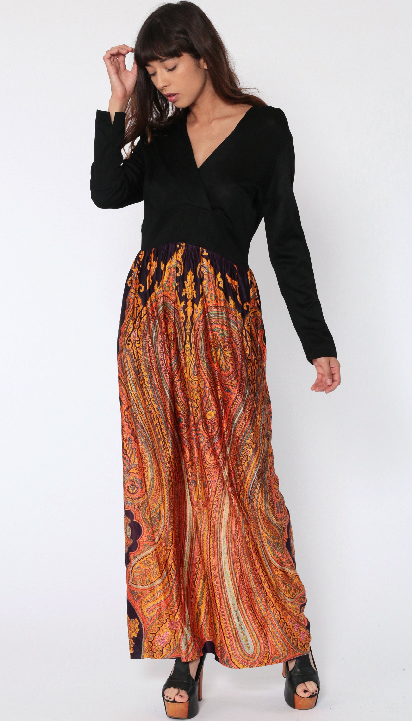 Hippie Maxi Dress 70s Psychedelic PAISLEY Print Bohemian Long Sleeve 1970s High Waisted Vintage 