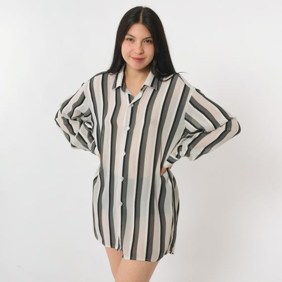 Vintage Sheer White Striped Shirt 80s Button Up Shirt Black Grey Vertical Stripes Long Sleeve 1980s Men's Large L