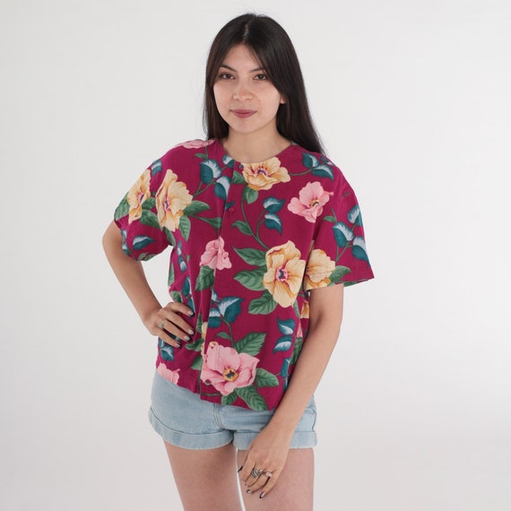 90s Floral Blouse Fuchsia Pink Button Up Shirt Short Sleeve Top Flower Print Tropical Vintage Liz Claiborne Lizwear Vintage 1990s Medium