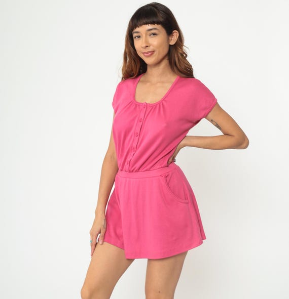 80s Hot Pink Mini Dress Cotton Blend Scoop Neck Short Sleeve Banded Waist Side Pockets A Line Barbiecore Coquette Clean Girl Summer Medium M