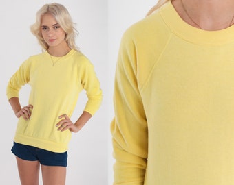 80s Sweatshirt Yellow Crewneck Sweatshirt Raglan Sleeve Plain Long Sleeve Shirt Slouchy 1980s Vintage Extra Small xs