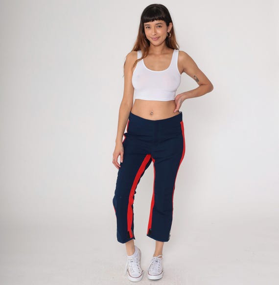 Obermeyer Ski Pants 70s Navy Red Stripe Wool Blend Snow Trousers Zip Ankle Side Stripe Vintage Retro Ski Wear Apres Winter Sports  Mens 34