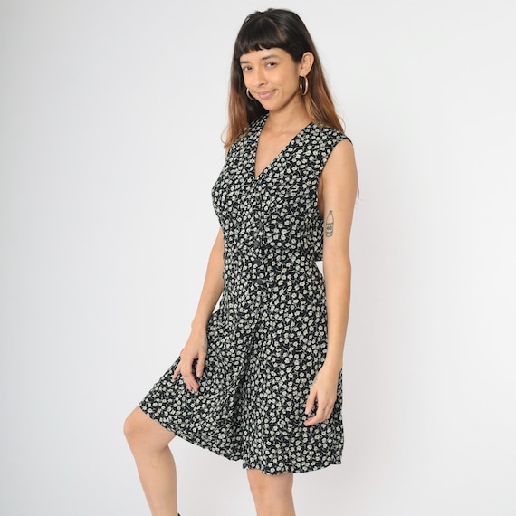 Vintage Floral Romper Dress 90s Black Double Breasted Mini Playsuit Retro One Piece Wide Leg Shorts Button Up Sleeveless Summer 1990s Large
