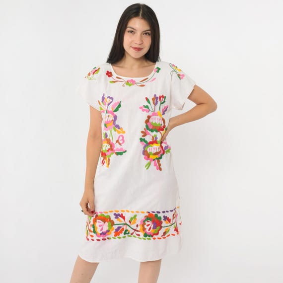 Vintage Floral Mexican Dress Rainbow Embroidered White Midi Dress Boho Cotton Tunic Shift Hippie Bohemian Small Medium