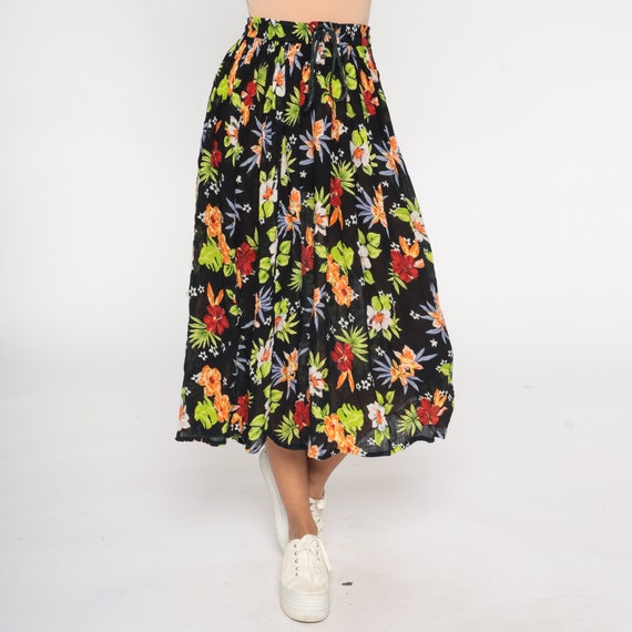 Floral Broomstick Skirt Black Tropical Skirt Boho Hippie Gauze Skirt 00s Midi Bohemian Vintage Broomstick Festival Small Medium Large